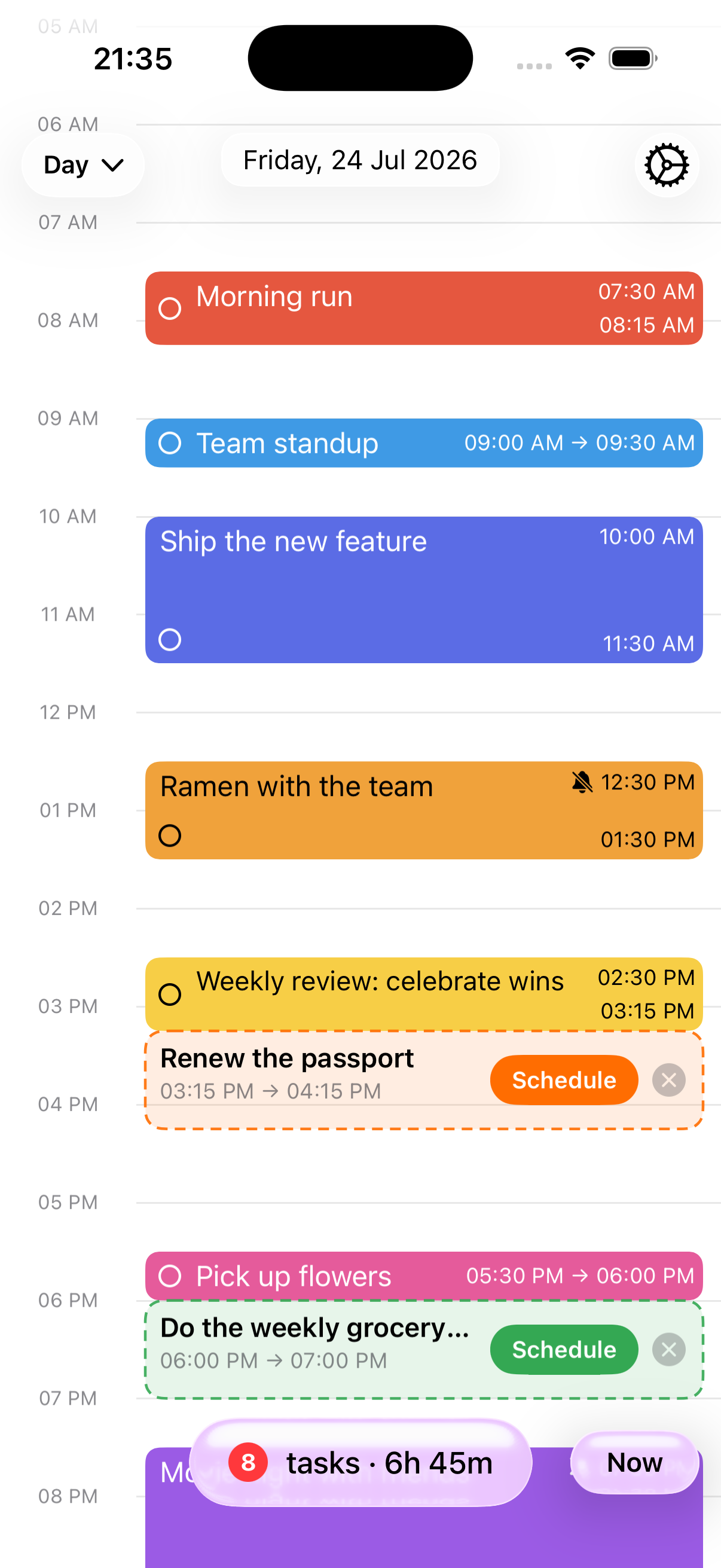 The Accomplish timeline, showing a full day of color-coded tasks, calendar events, and AI-suggested slots.