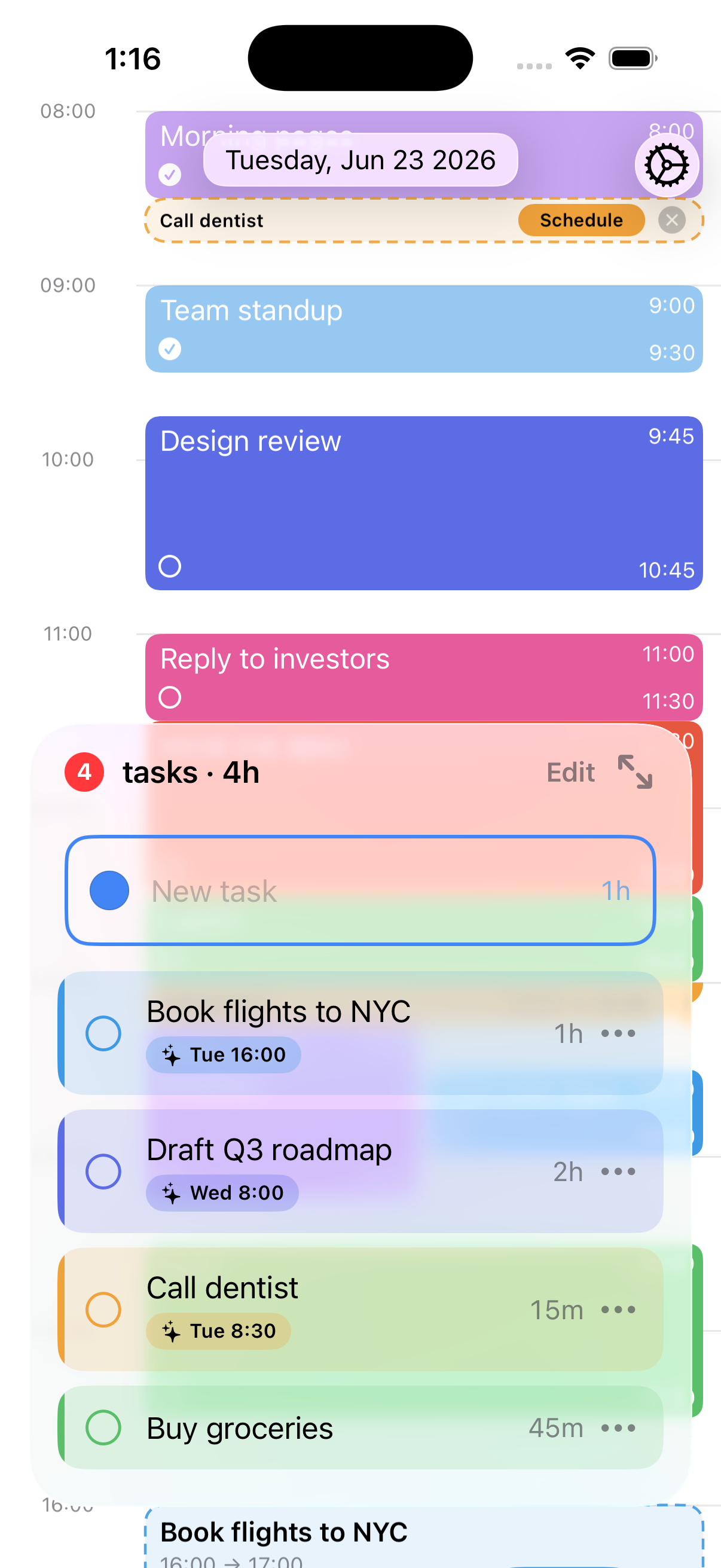 Pulling the task drawer up over the timeline to drop a task onto the day.