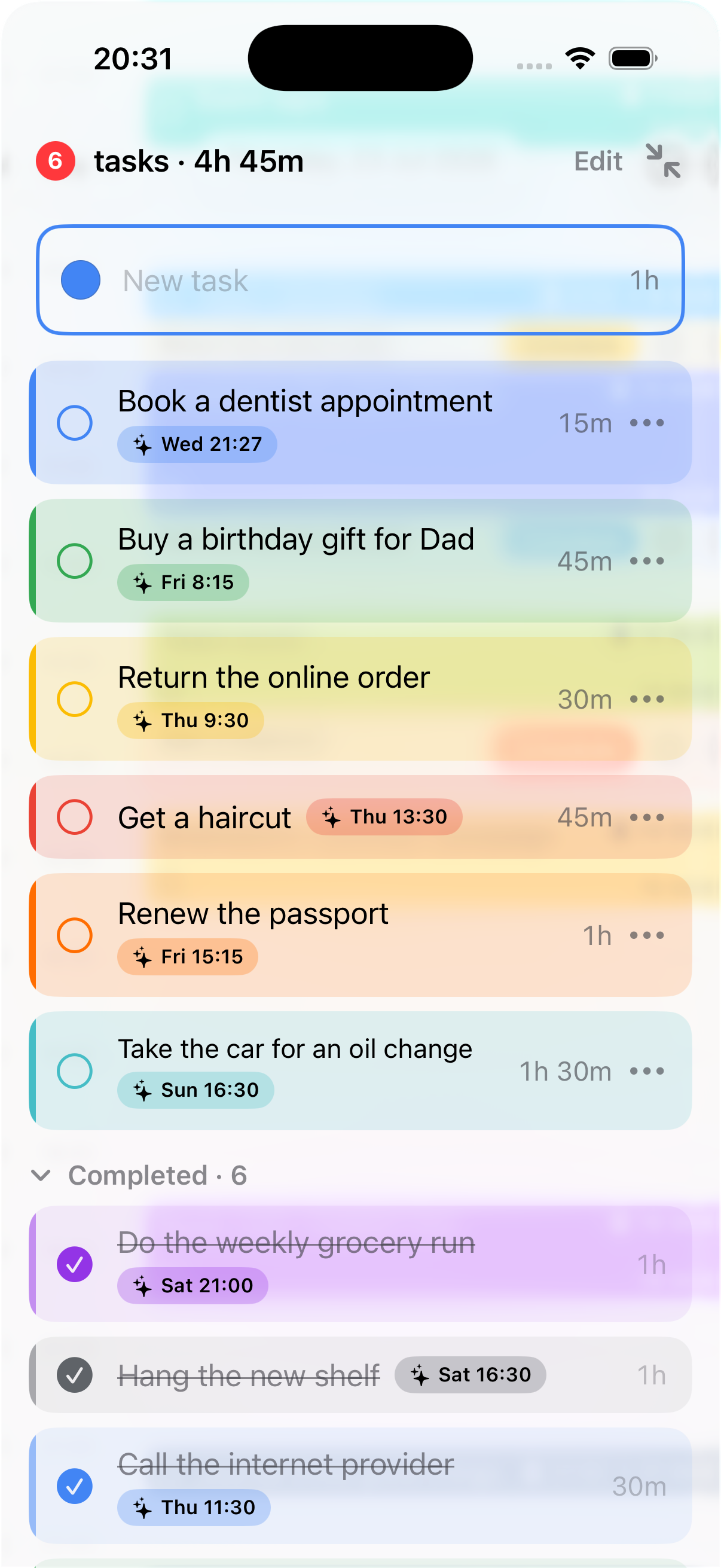 The task drawer, each task showing an AI-suggested time.