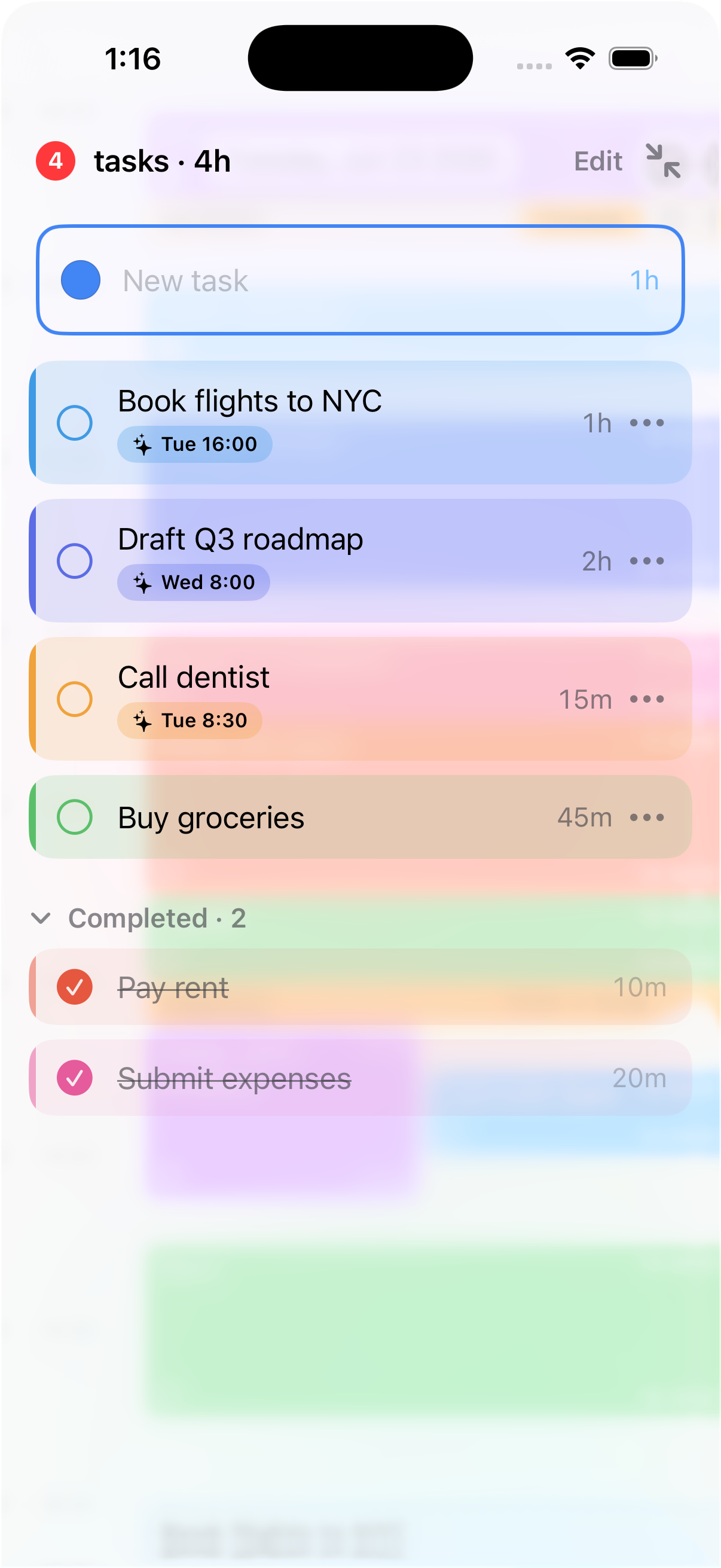 The task drawer, each task showing an AI-suggested time.