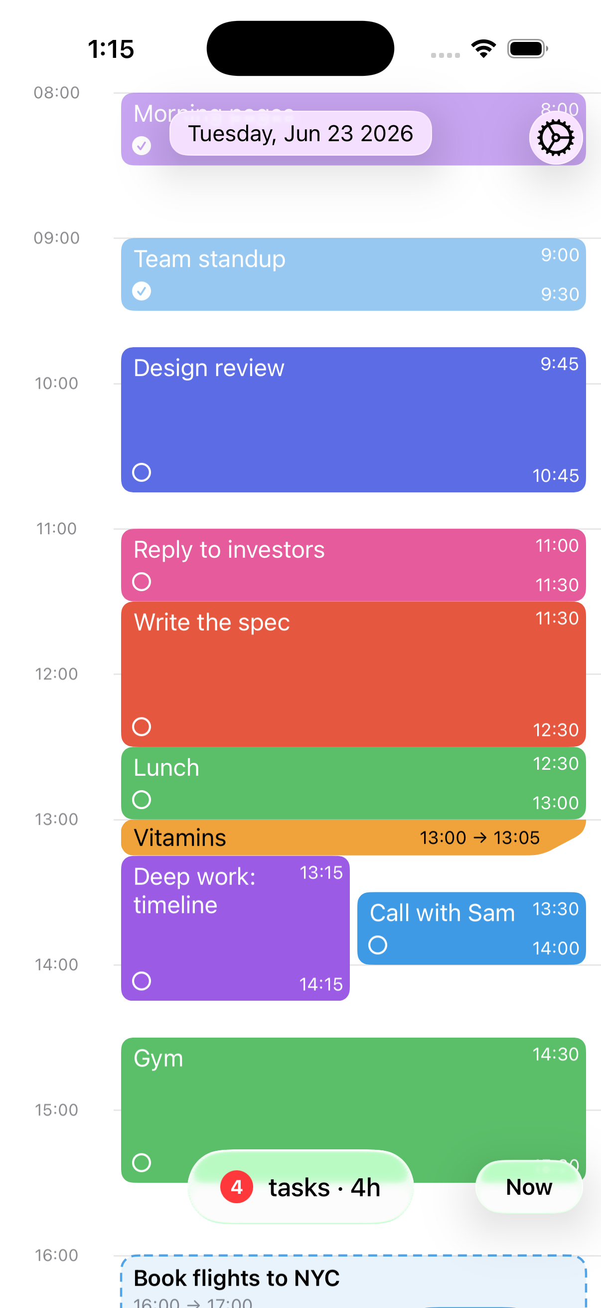 The Accomplish timeline, showing a full day of color-coded tasks and calendar events.