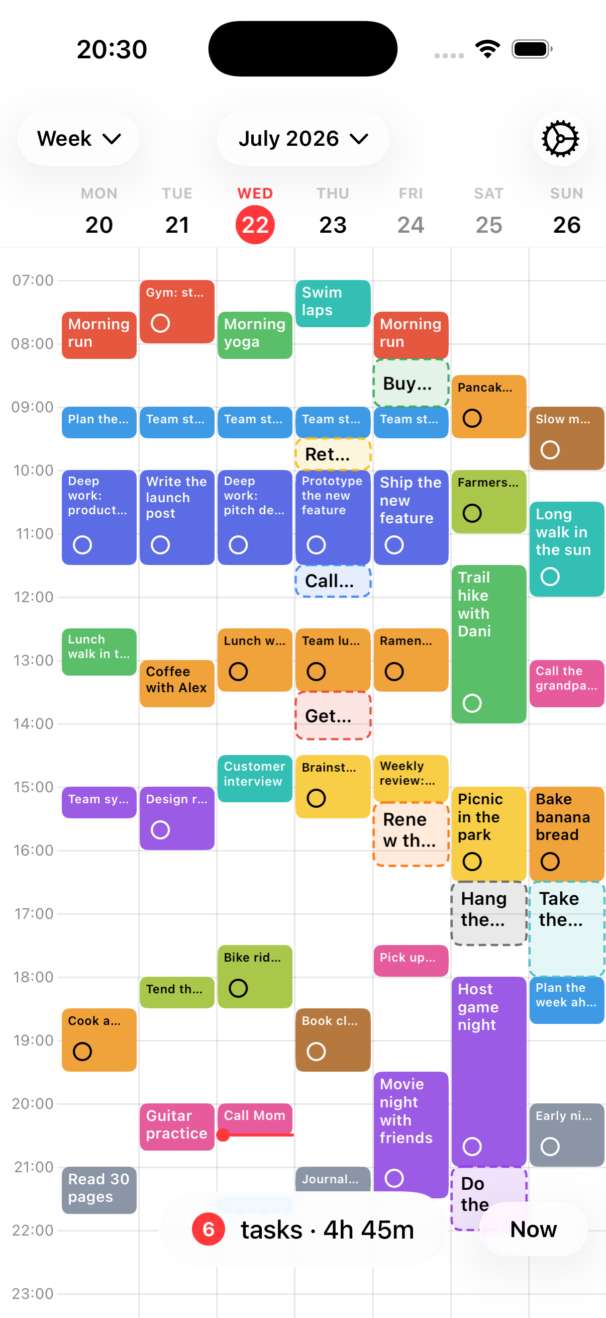 The week view, seven days of color-coded tasks and events side by side.